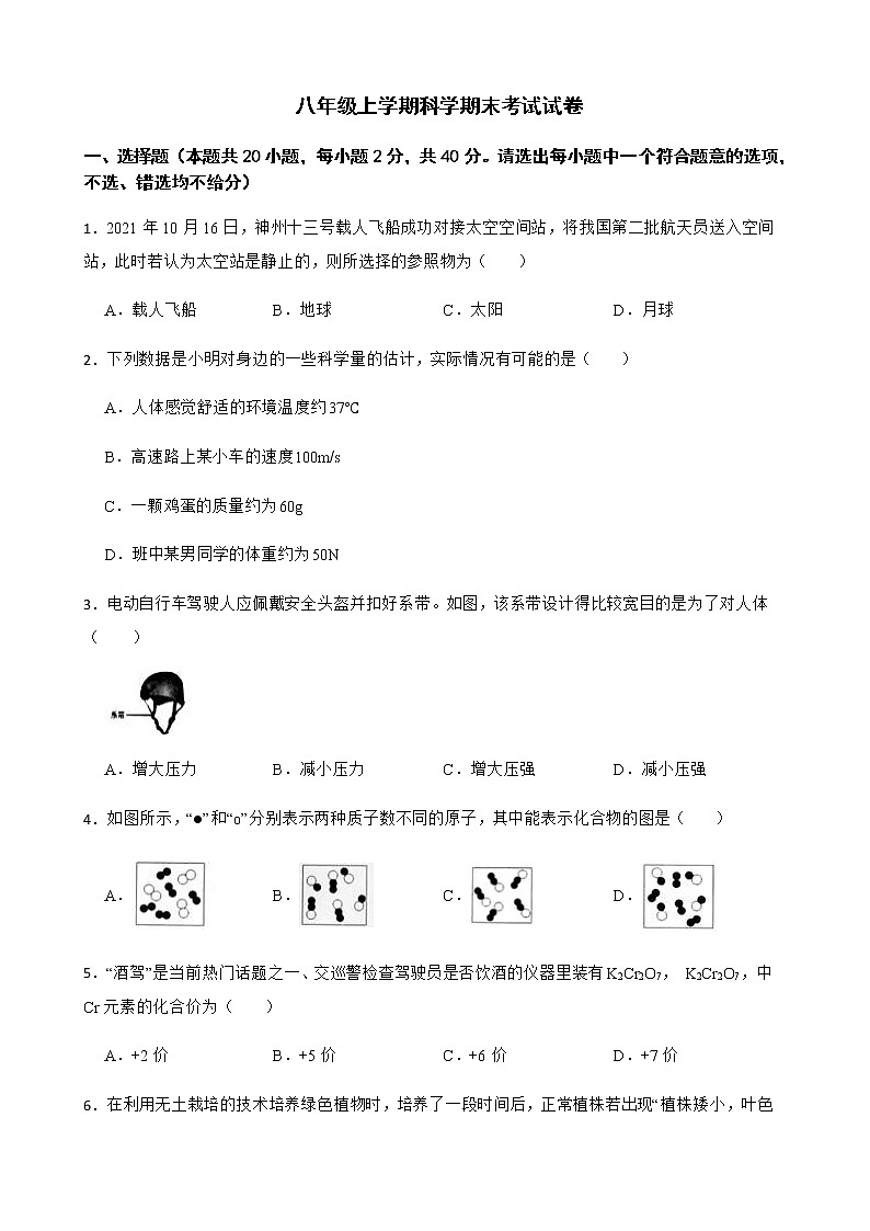 浙江省宁波市奉化区八年级上学期科学期末考试试卷及答案01