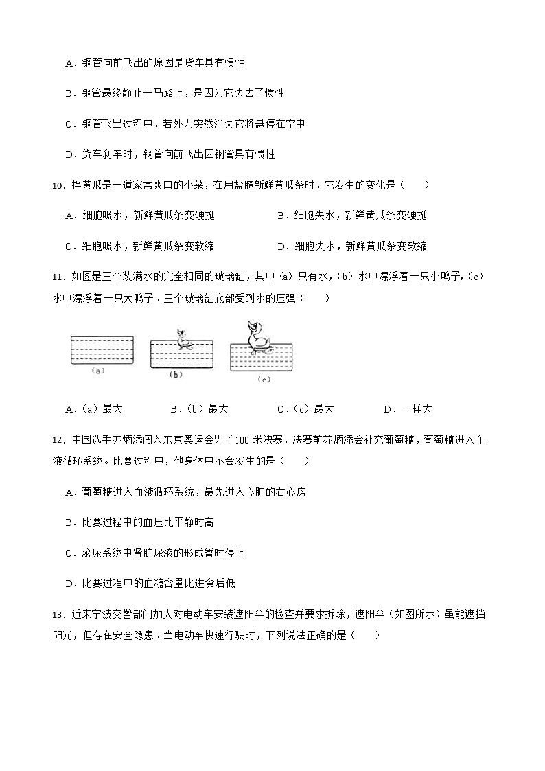 浙江省宁波市奉化区八年级上学期科学期末考试试卷及答案03