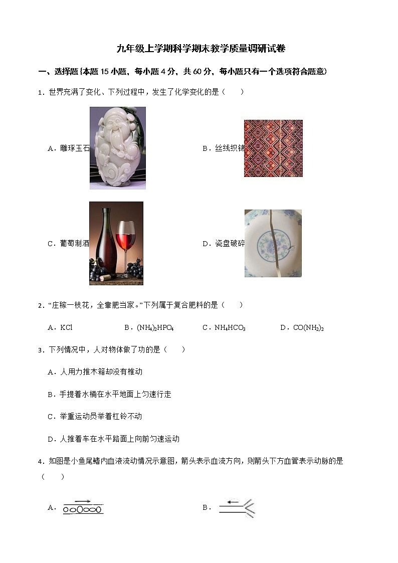 浙江省绍兴市越城区九年级上学期科学期末教学质量调研试卷及答案01