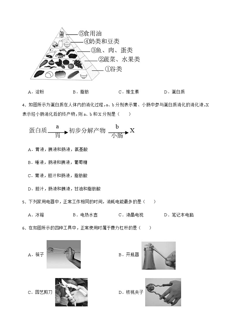 浙江省杭州市拱墅区九年级上学期科学期末教学质量调研试卷及答案02
