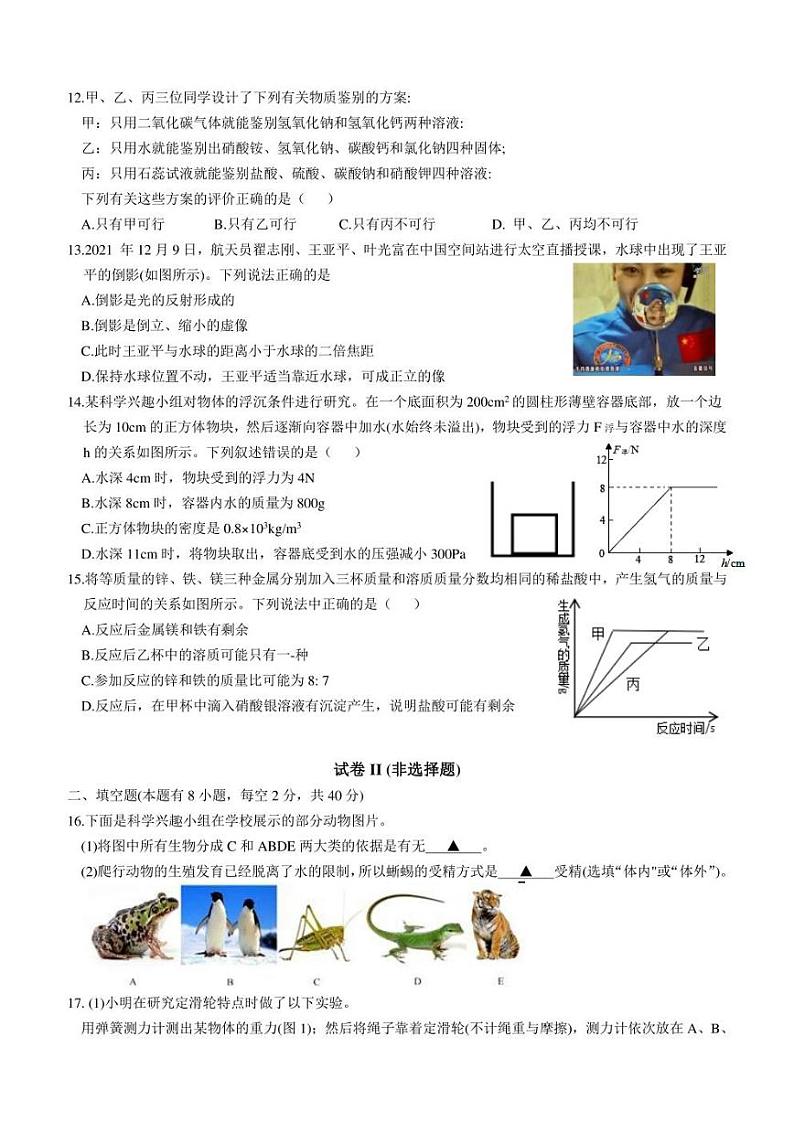 2022年浙江省绍兴市嵊州市初中毕业生学业评价调测科学试题（一模）(含答案)03