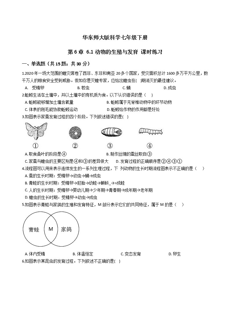 2021-2022学年华东师大版科学七年级下册 第6章 6.1动物的生殖与发育 课时练习（含答案解析）01