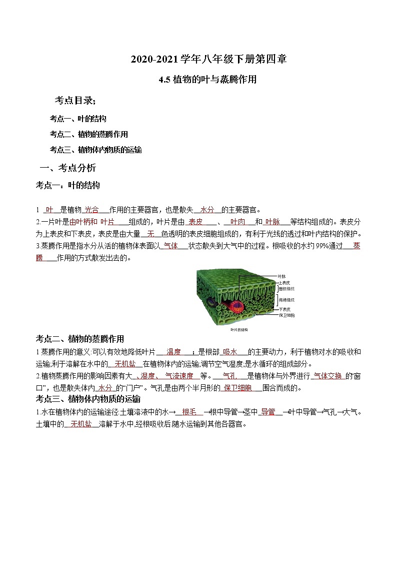 2020-2021学年浙教版八年级科学下册期末复习讲义（机构）4.5植物的叶与蒸腾作用 （考点分析+热点题型详解+巩固提升）01