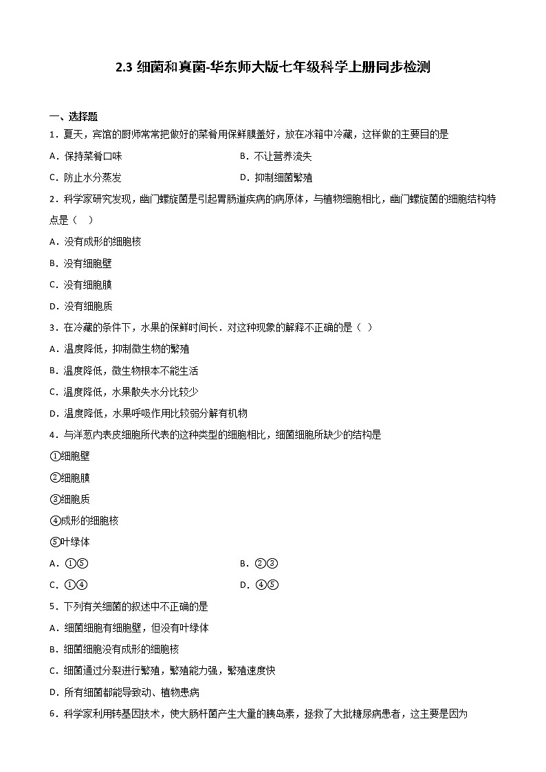 华师大科学七年级上册 2.3细菌和真菌-同步习题（原卷版）01