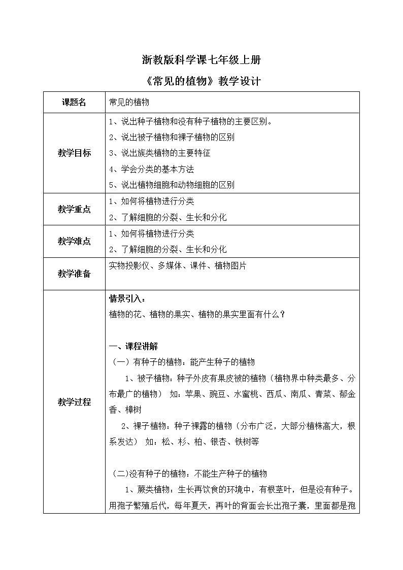 浙教版科学七年级上2.5《常见的植物》课件+教案+同步练习01