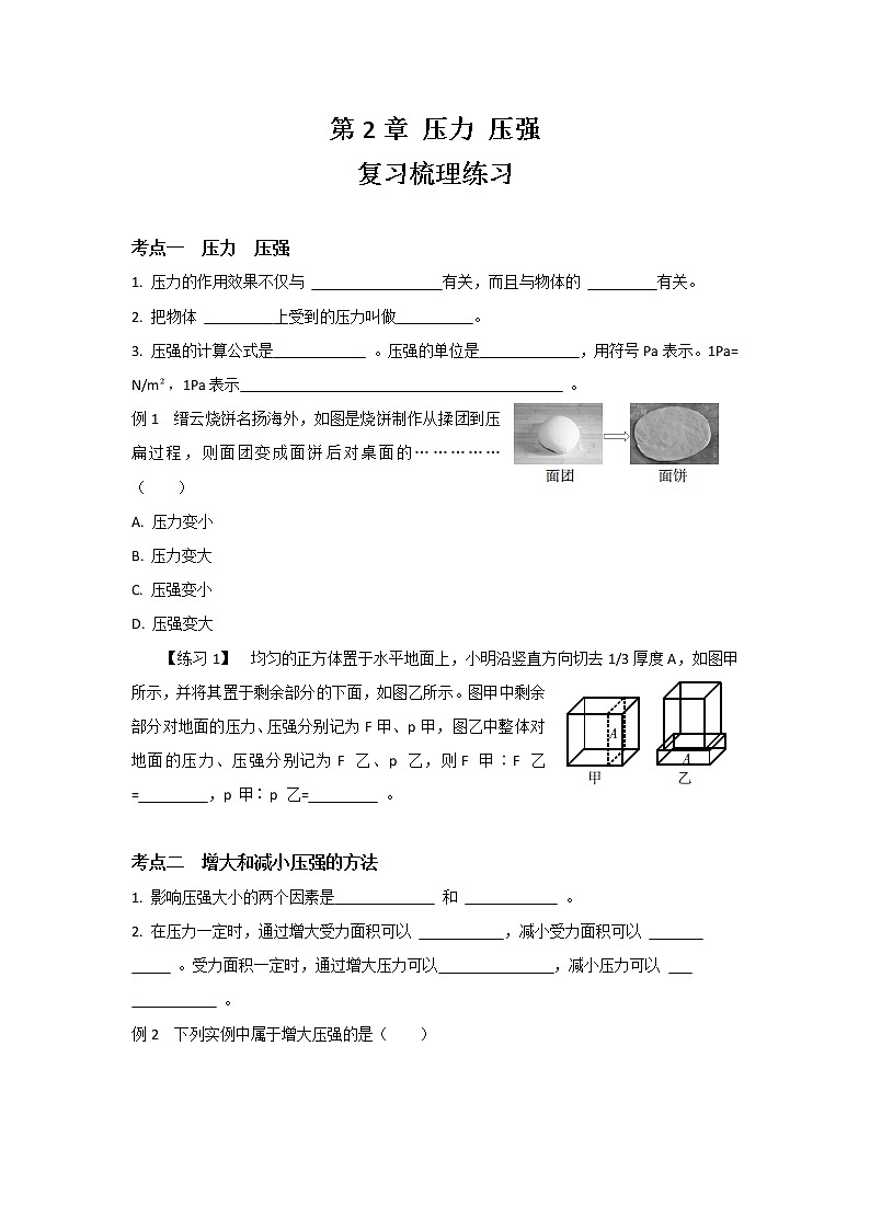 华东师大版科学八年级上册 第2章 压力 压强 复习梳理练习（含答案）01
