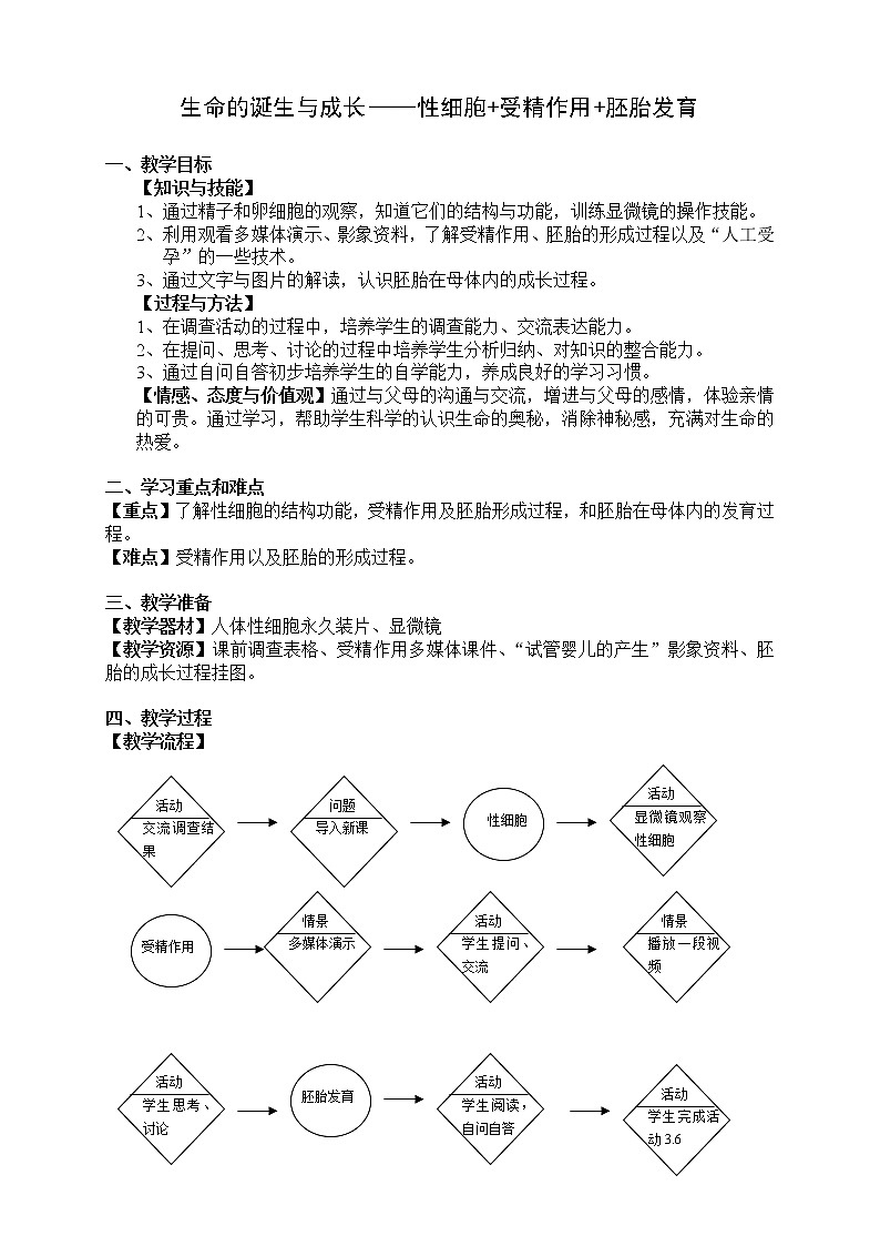 牛津上海版六上科学 第3章第3课时 生命的诞生与成长——性细胞+受精作用+胚胎发育 教案01