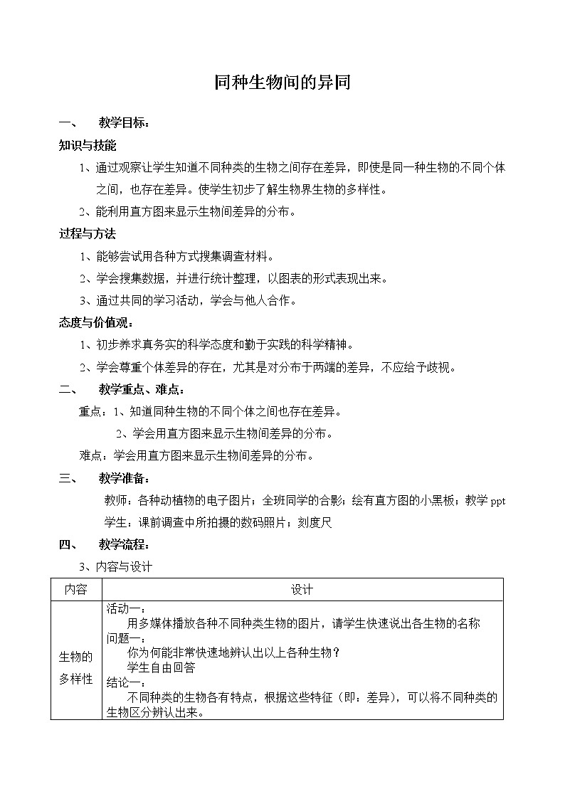 牛津上海版六上科学 第2章第2课时 同种生物间的异同 教案01