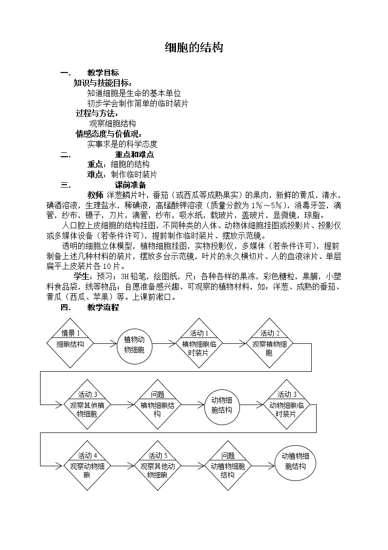 牛津上海版六上科学 第3章第1课时 细胞的结构 教案01