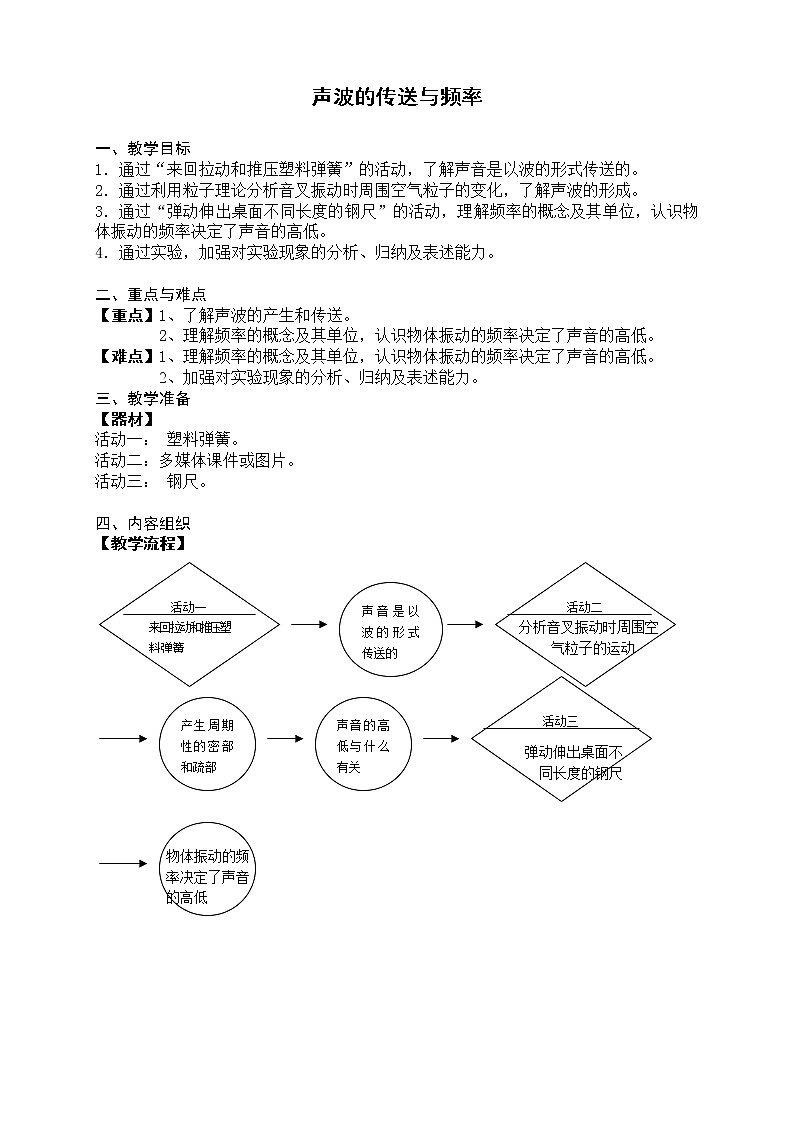 牛津上海版七上科学 第11章第1课时 声波的传送与频率 教案01