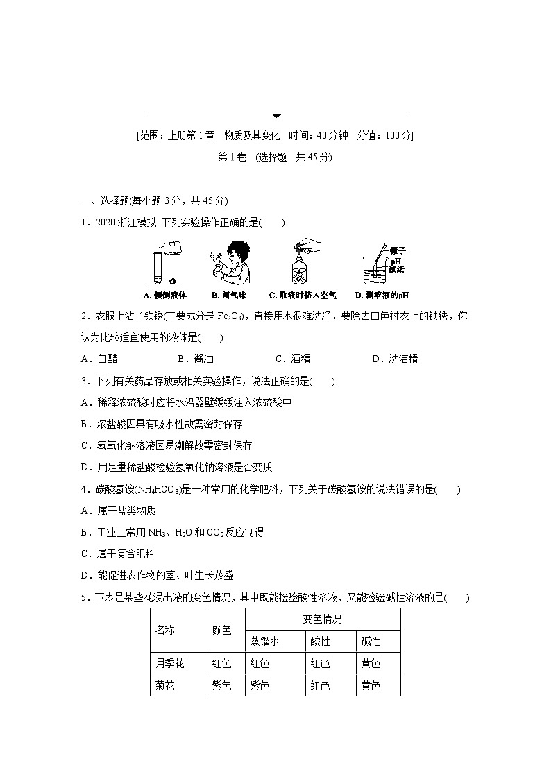 浙教版科学九年级上册同步提优训练：第1章　物质及其变化  综合提升卷（含解析）01