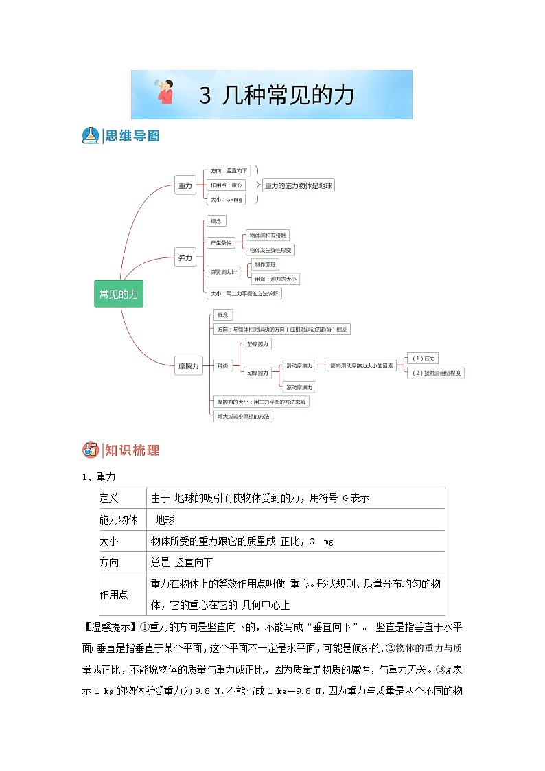华师大版八年级科学上册 3 几种常见的力 同步训练 (原卷+ 解析卷)01