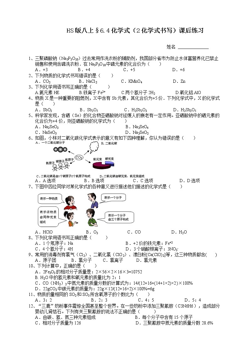 HS版八上6.4化学式（2化学式书写）课后练习第1页