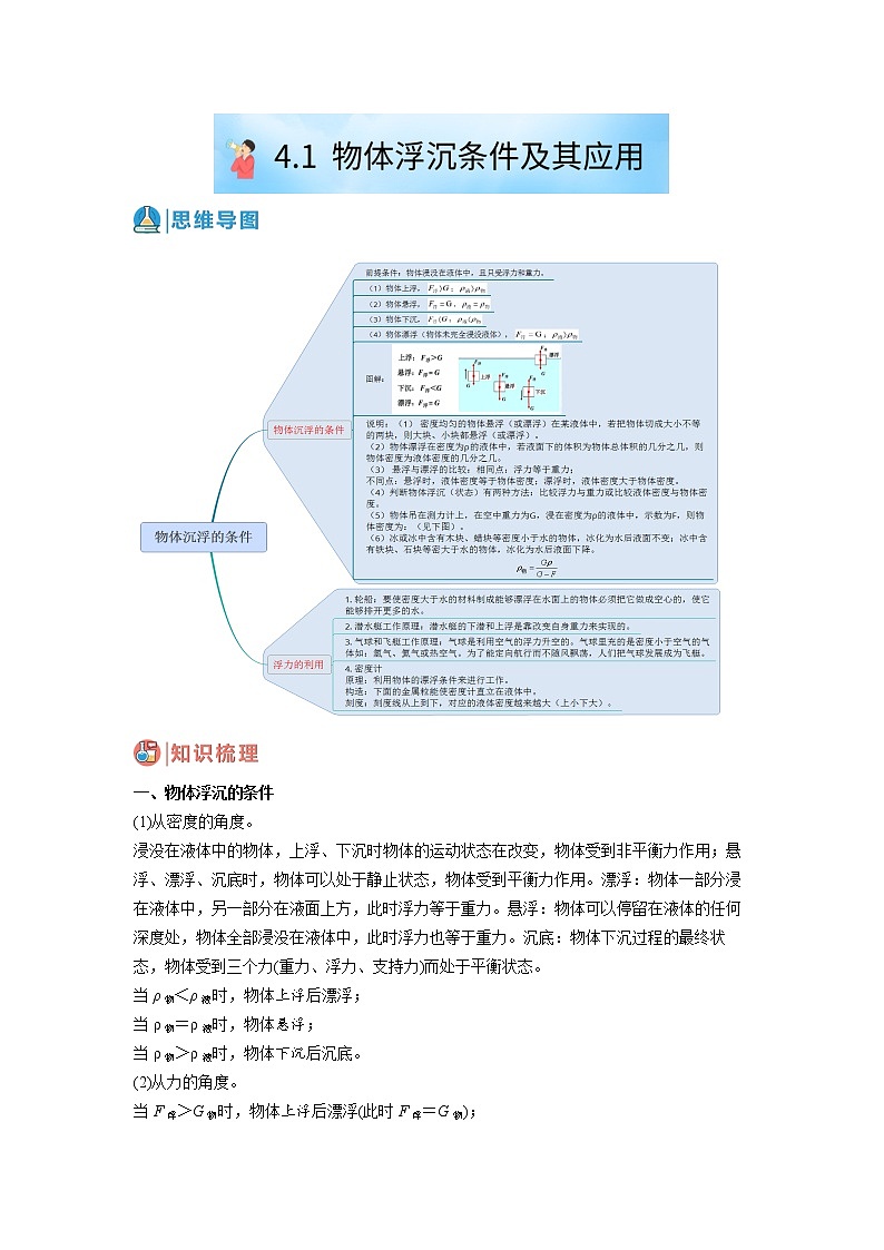 华师大版八年级科学上册 4.1 物体沉浮条件及其应用 同步训练 (原卷+ 解析卷)01