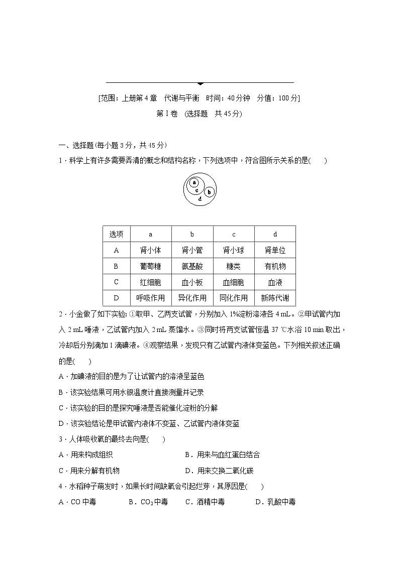 浙教版科学九年级上册同步提优训练：第4章　代谢与平衡  综合提升卷（含解析）01