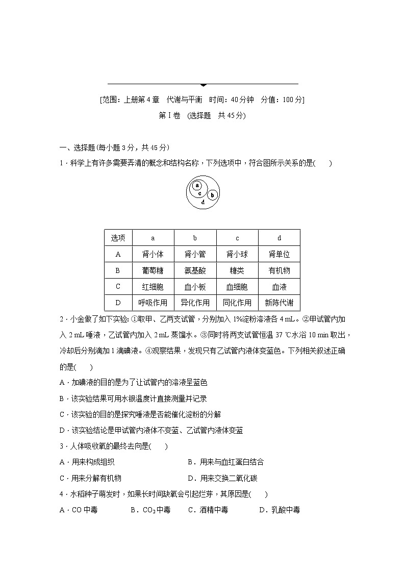 浙教版科学九年级上册同步提优训练：第4章　代谢与平衡  综合提升卷（含解析）01