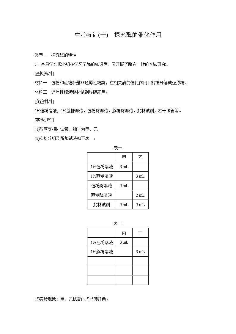 浙教版科学九年级上册同步提优训练：专题练习  探究酶的催化作用（含解析）01