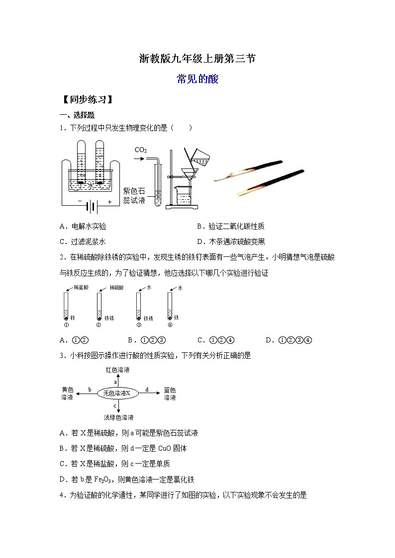 1.3常见的酸（练习）-2022-2023学年九年级上册科学讲练课堂（浙教版）01