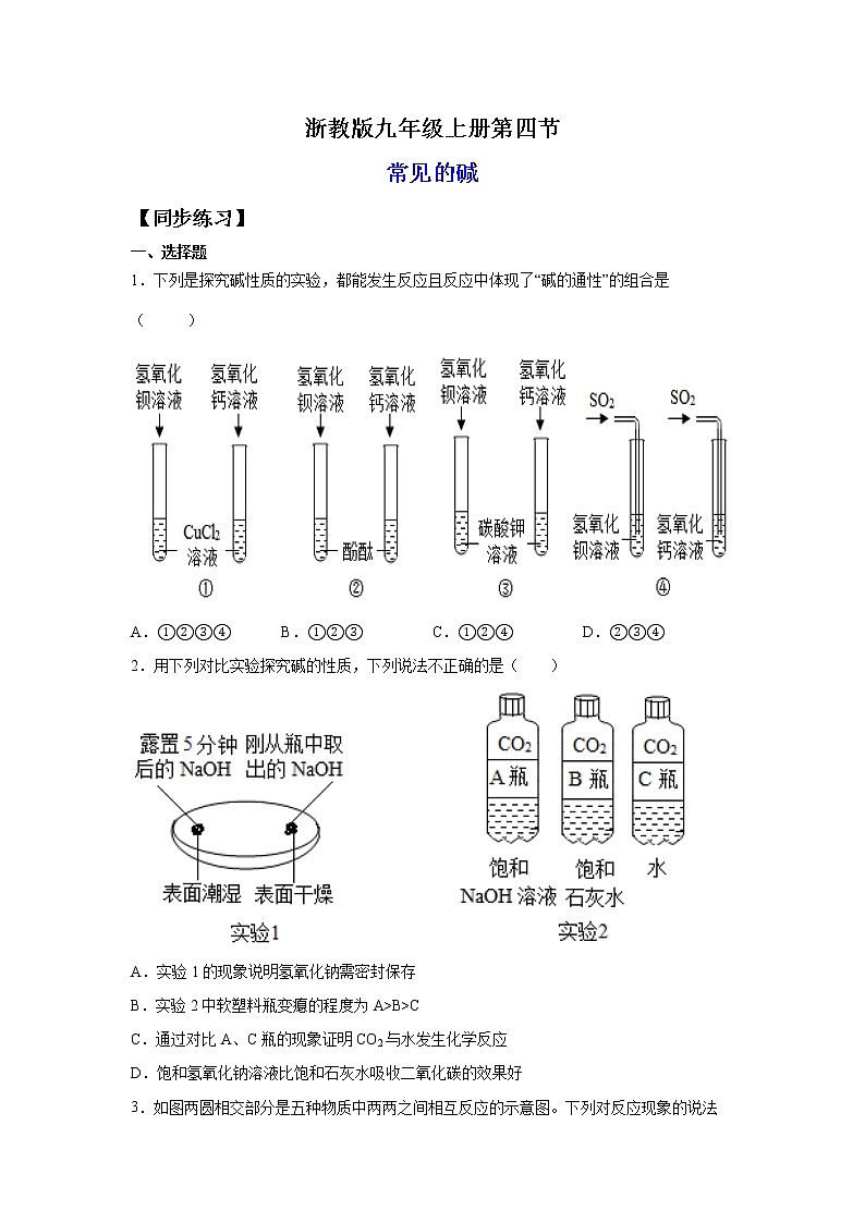 1.4常见的碱（练习）-2022-2023学年九年级上册科学讲练课堂（浙教版）01
