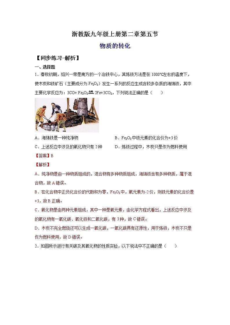 2.5物质的转化（练习）-2022-2023学年九年级上册科学讲练课堂（浙教版）01