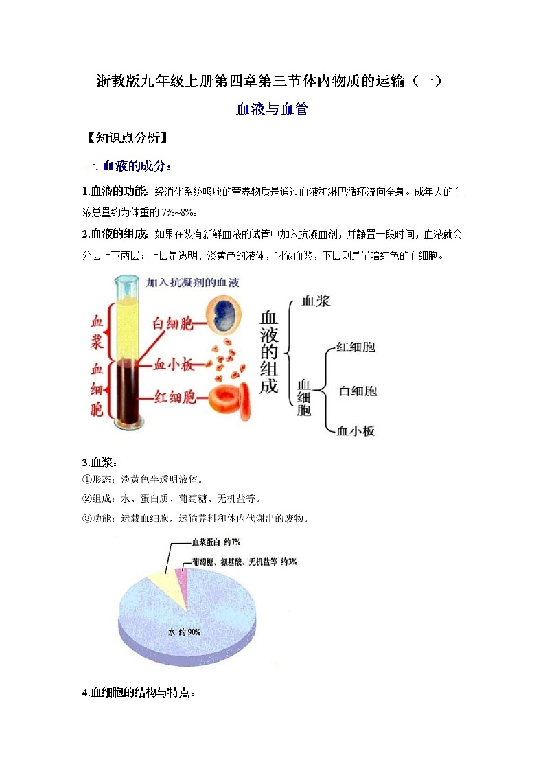 4.3.1体内物质的运输（一）（讲义）-2022-2023学年九年级上册科学讲练课堂（浙教版）01
