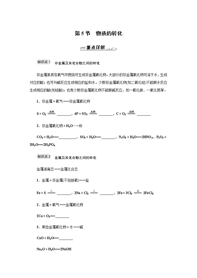 浙教版九年级科学上册章节复第二章第5节　物质的转化讲义01