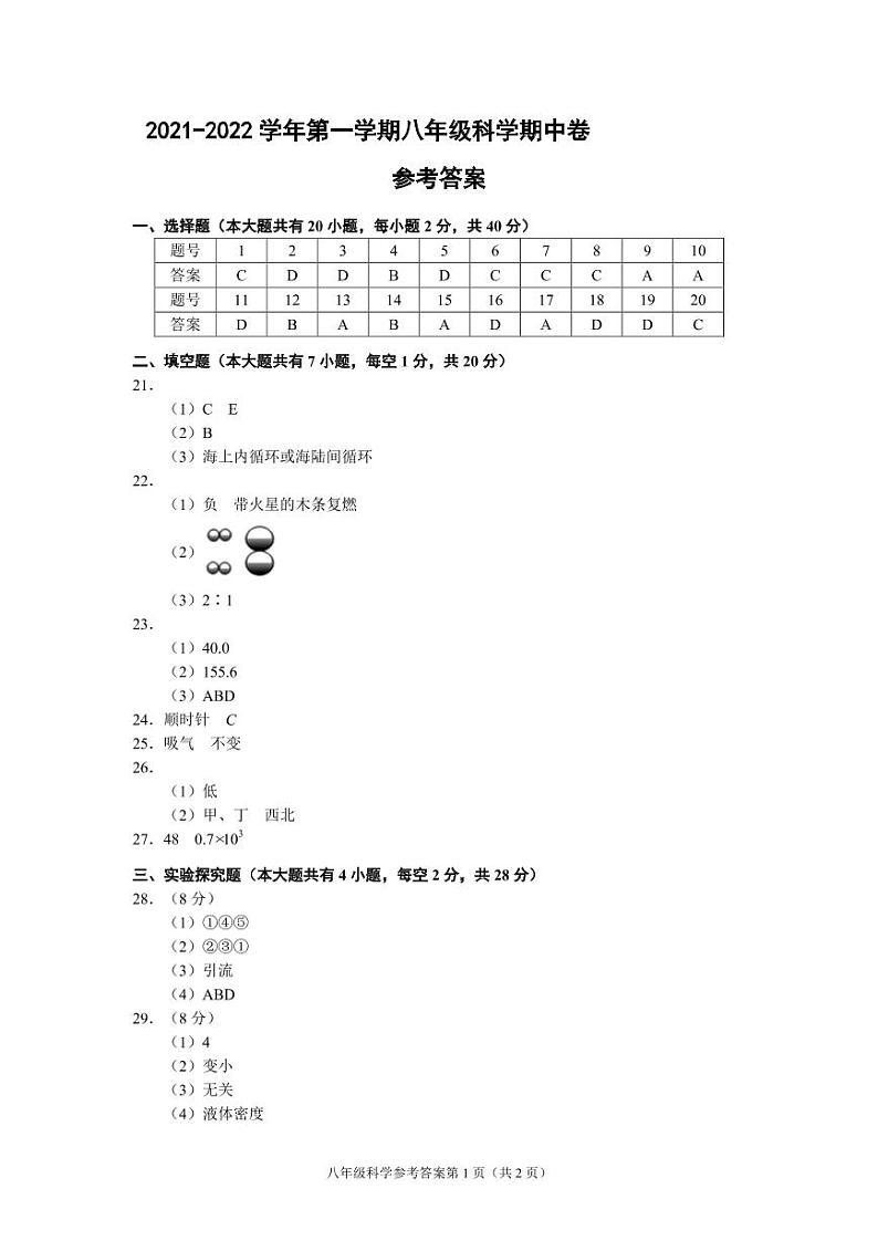 （浙江丽水）2021-2022学年第一学期八年级科学期中卷（浙教版）参考答案第1页