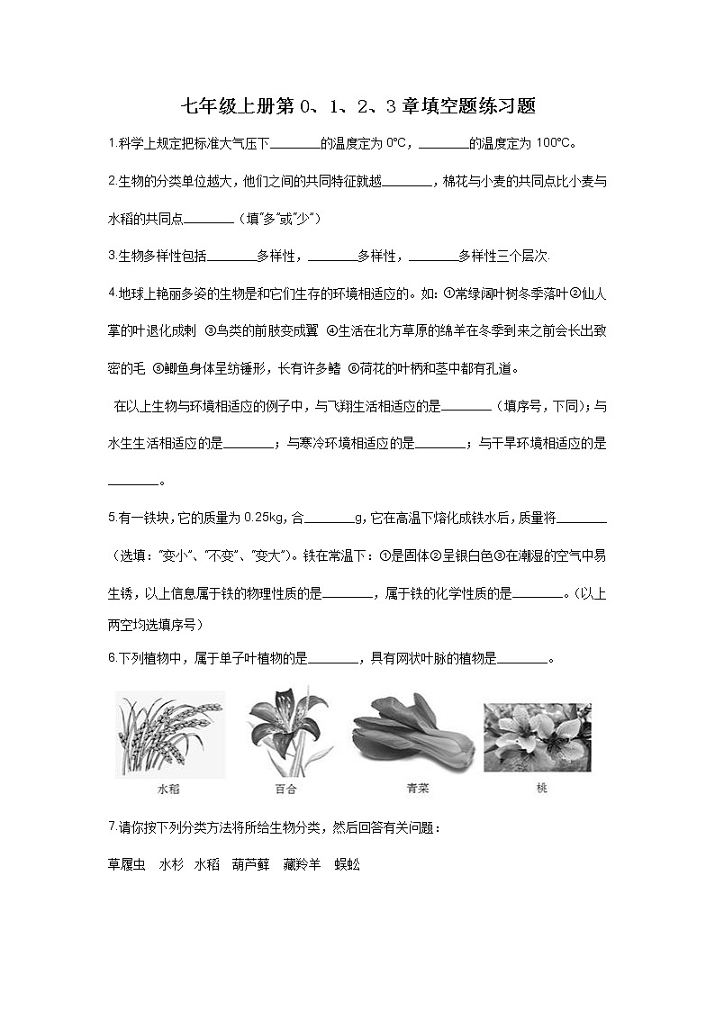 华师大版科学七年级上册0-3章  填空易错题第1页