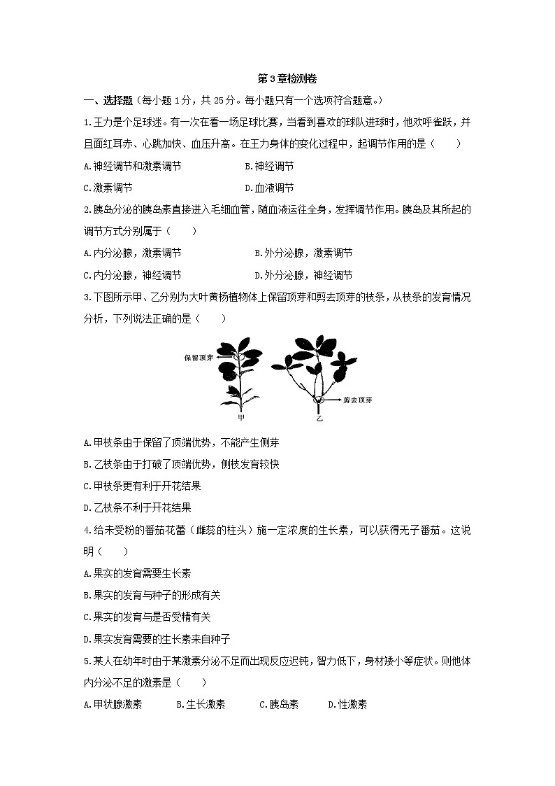浙教版科学8年级上册 第3章  生命活动的调节 章末测试卷01