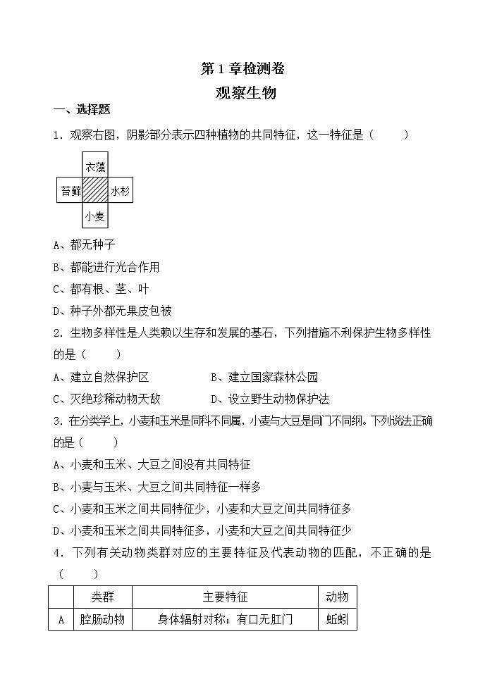 浙教版科学7年级上册 第2章   观察生物 章末测试卷01