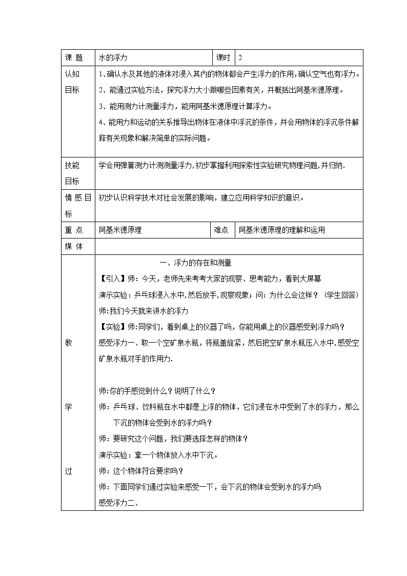 初中科学浙教版八年级上册 第一章 水的浮力 教案第1页