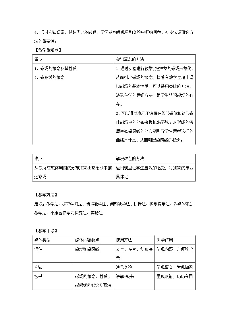 初中科学浙教版八年级下册第一章第一节 指南针为什么能指方向（2）教案（表格式）03