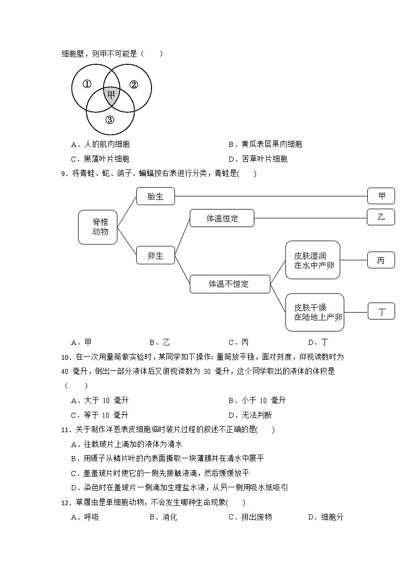 浙江省温州市英才学校2022-2023学年七年级上册科学教学质量监测期中模拟试卷03
