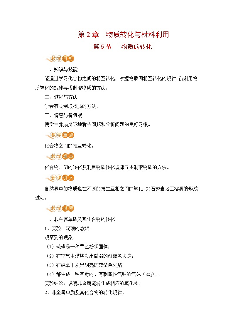 九科浙上 第2章 第5节  物质的转化 PPT课件+教案+预习作业+补充作业01