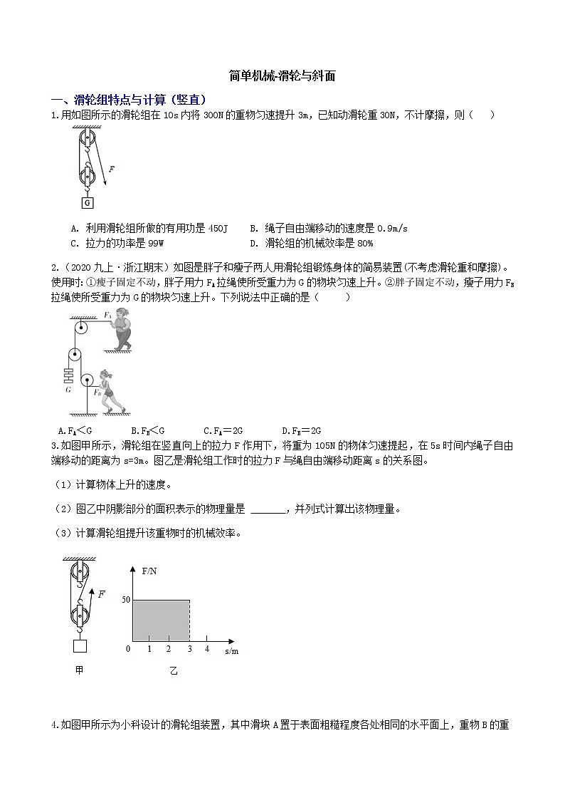 【寒假培优】4 简单机械-滑轮与斜面（原卷+答案版）—2021届浙教版中考科学重难点专题集训01