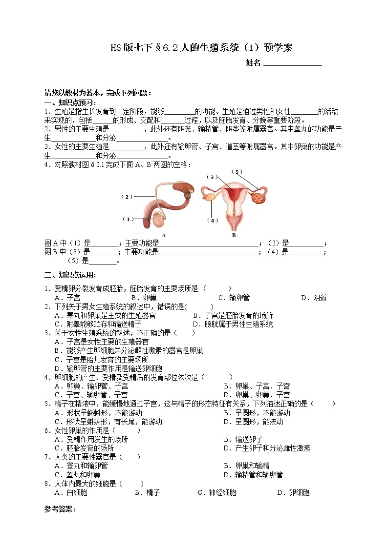 HS版七下6.2人的生殖系统（1）预学案第1页