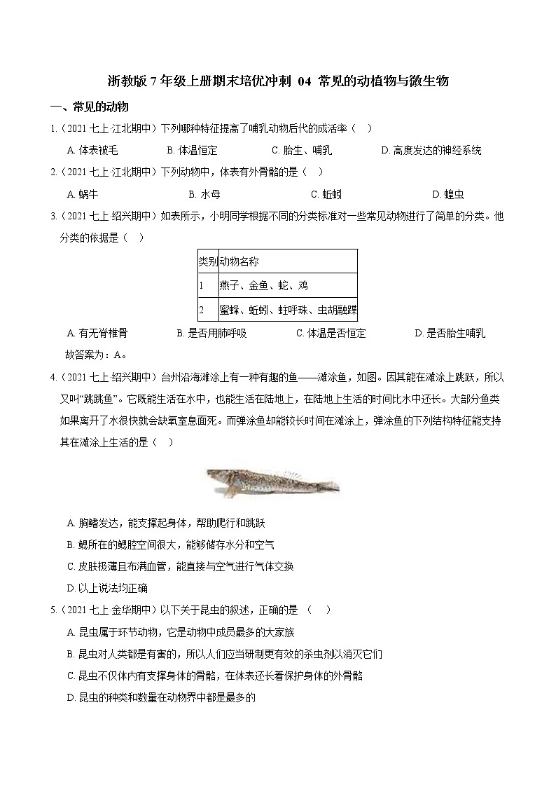 【期末培优冲刺】浙教版科学七年级上册-专题04《常见的动植物与微生物》（原卷版）第1页