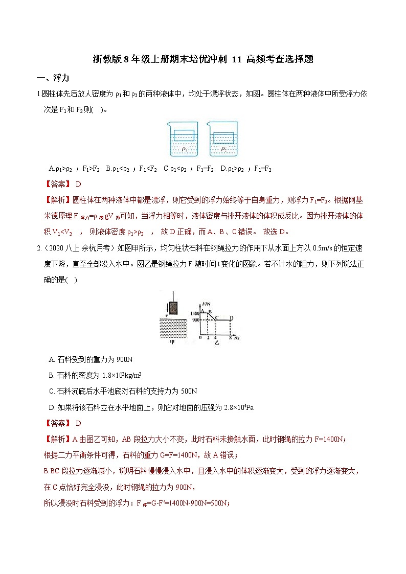 【期末满分冲刺】浙教版科学八年级上册：专题11《高频考查选择题》期末培优冲刺01
