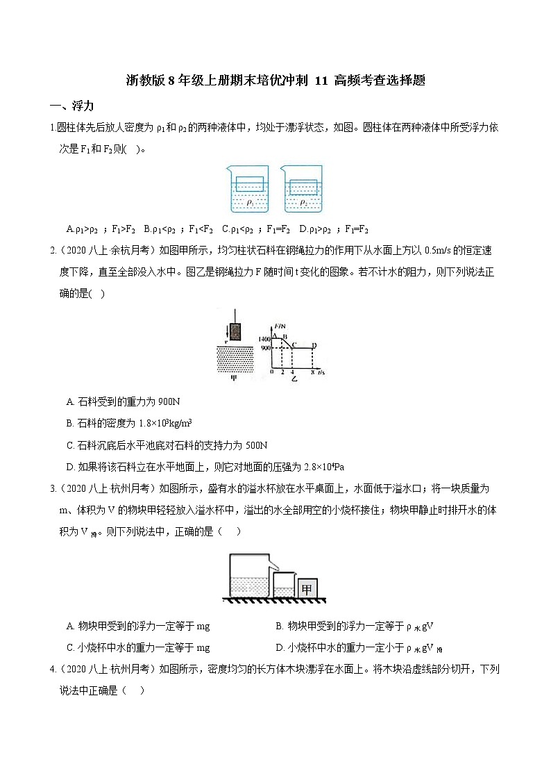 【期末满分冲刺】浙教版科学八年级上册：专题11《高频考查选择题》期末培优冲刺01