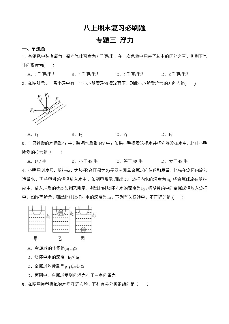 初中科学八年级上册华师大版期末复习必刷题 专题三 浮力第1页