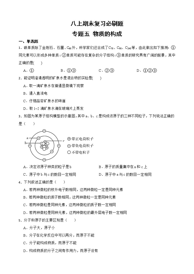 初中科学八年级上册华师大版期末复习必刷题 专题五 物质的构成01