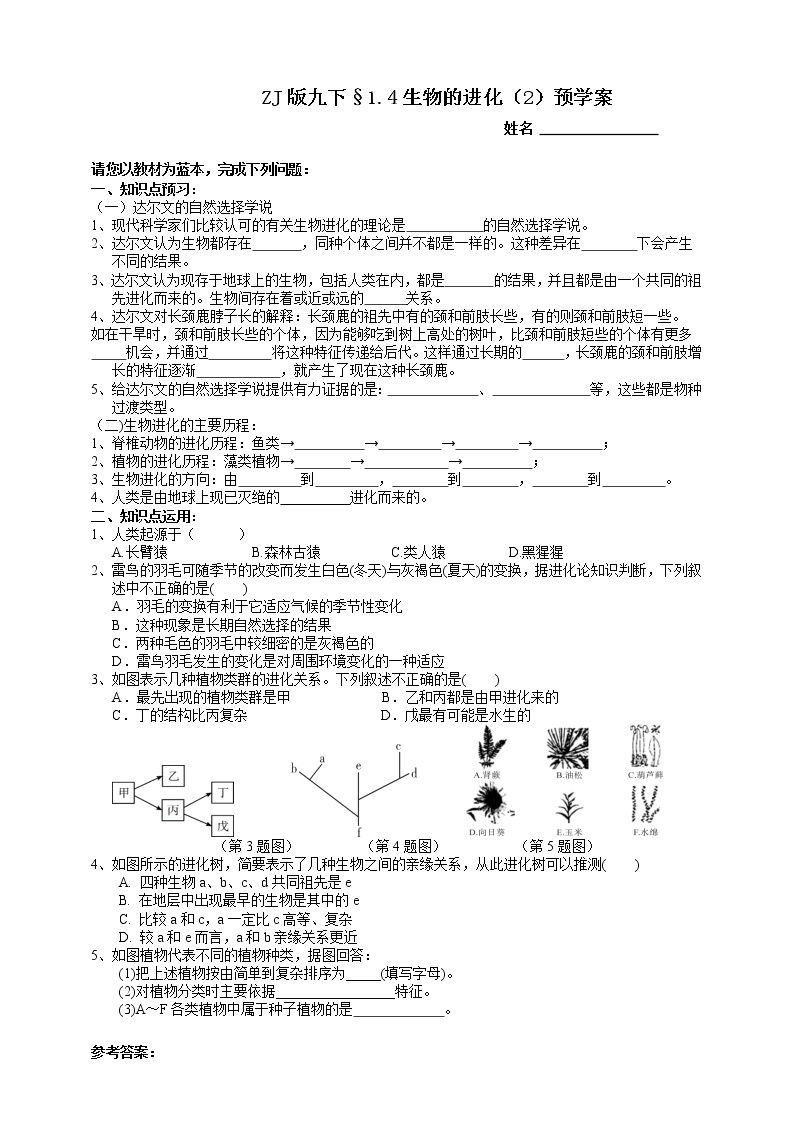 ZJ版九下科学1.4生物的进化 第2课时（课件+预习案+练习）01