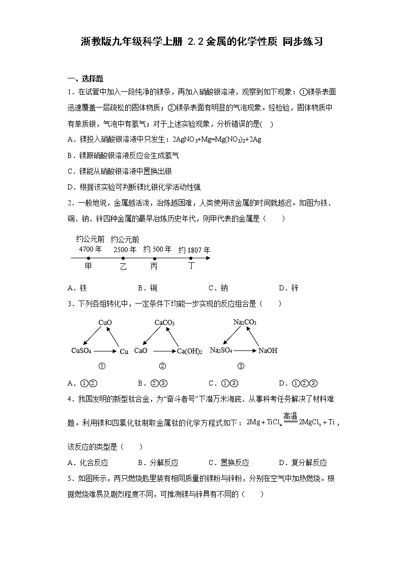 初中科学浙教版九年级上册第二章第二节 金属的化学性质 同步练习（含答案）01