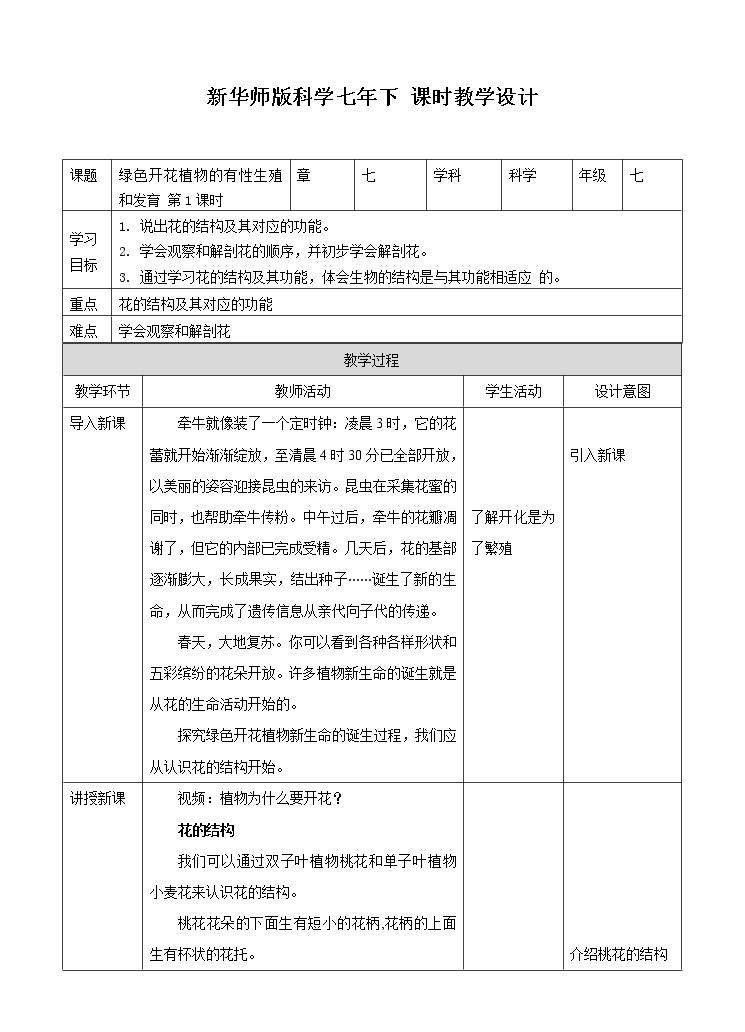 第七章第一节绿色开花植物的有性生殖和发育第1课时（课件+教案+练习+视频）01