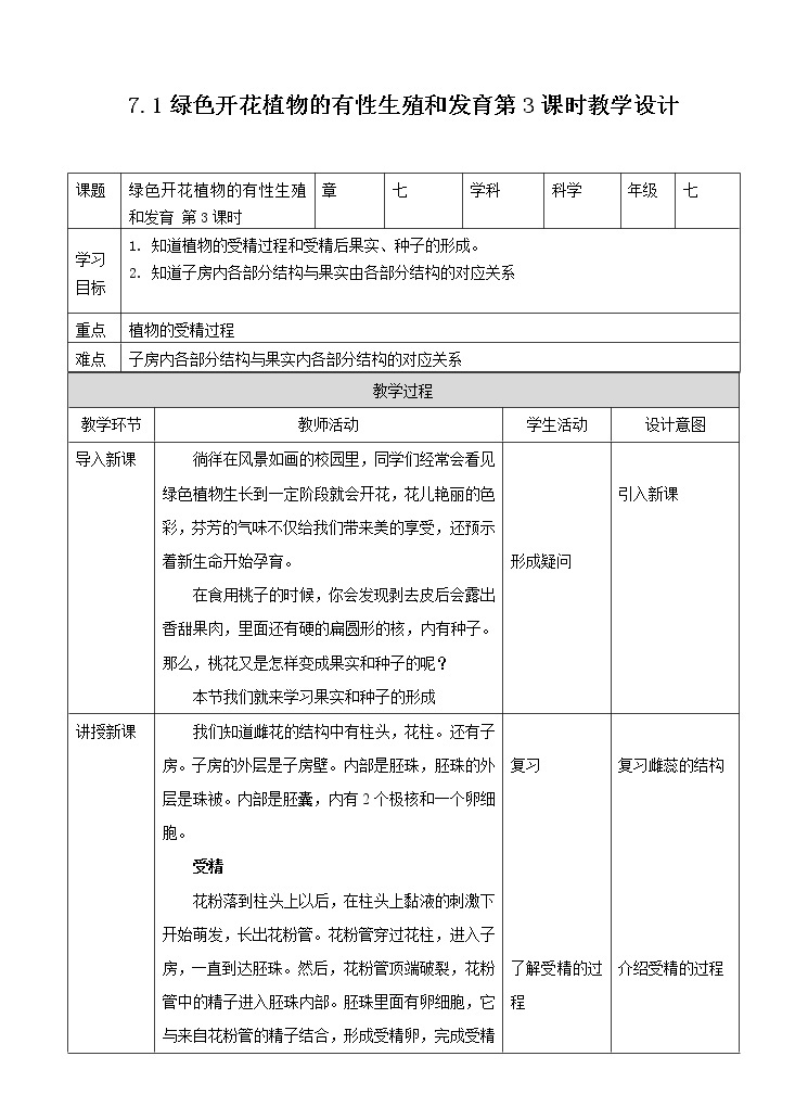 第七章第一节绿色开花植物的有性生殖和发育第3课时（课件+教案+练习+视频）01