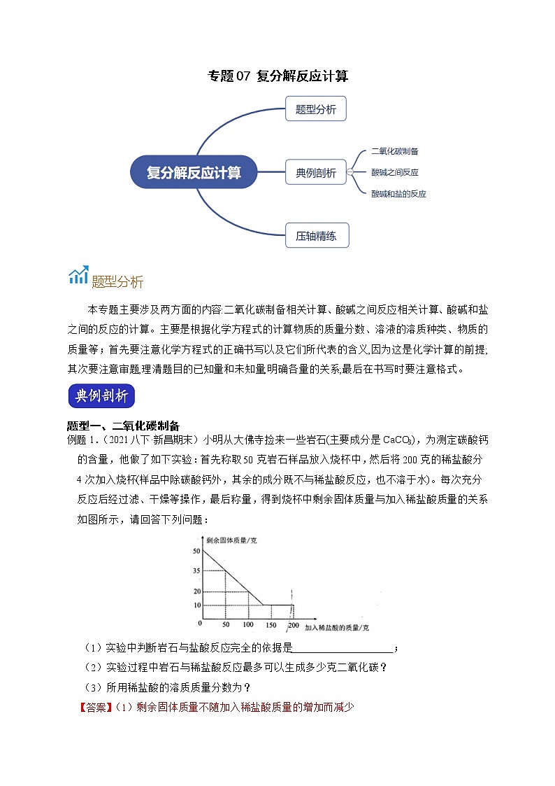 专题07 复分解反应计算-【赢在中考】中考科学二轮复习压轴题（浙江专用）01