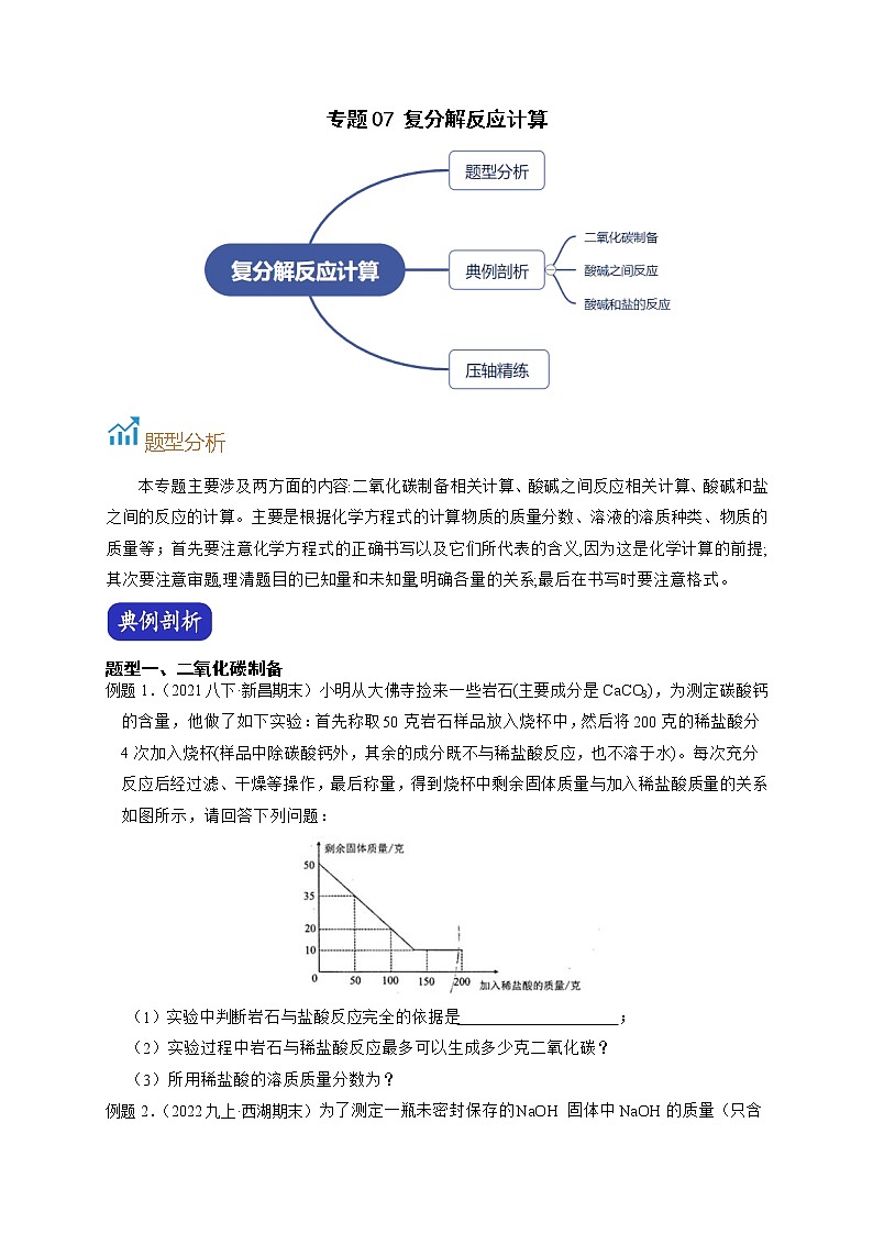 专题07 复分解反应计算-【赢在中考】中考科学二轮复习压轴题（浙江专用）01
