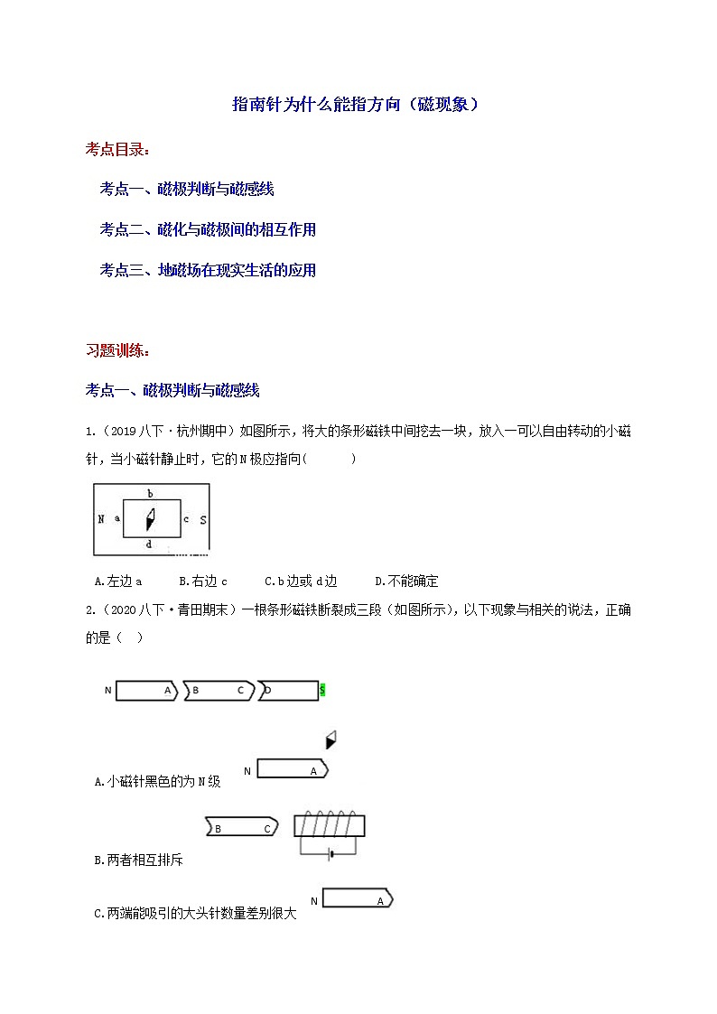 1.1 指南针为什么能指方向  分类集训—最新浙教版八年级科学下册尖子生培优（原卷+解析）01