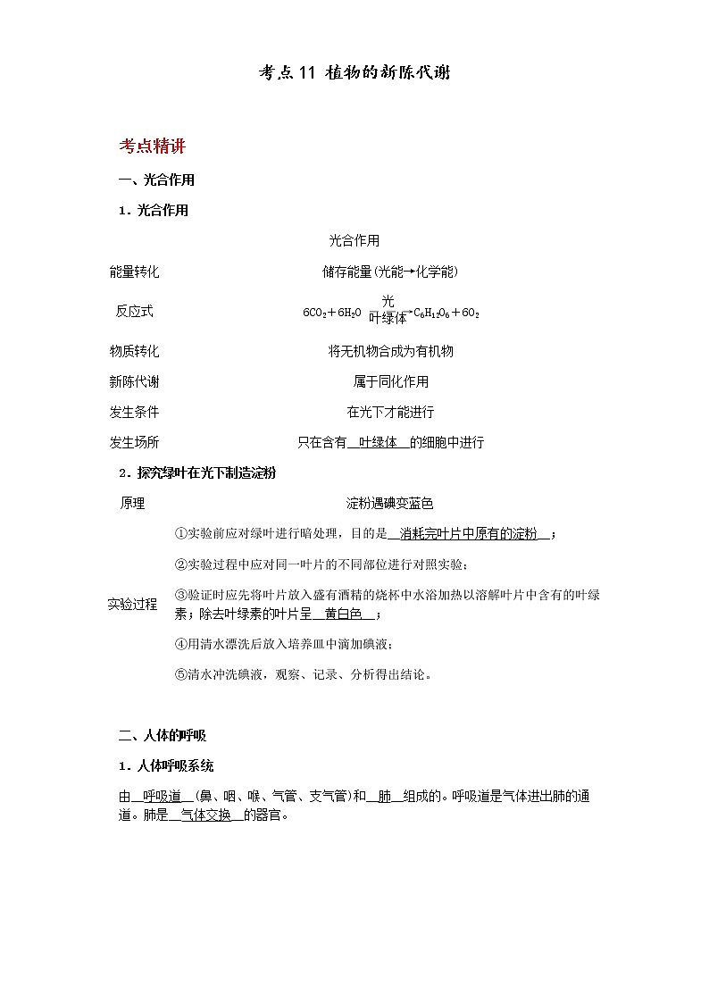 备战2023年中考科学二轮专题导练  考点11 植物的新陈代谢01
