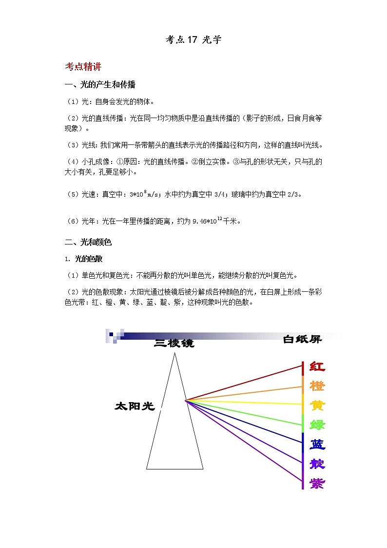 备战2023年中考科学二轮专题导练  考点17 光学01